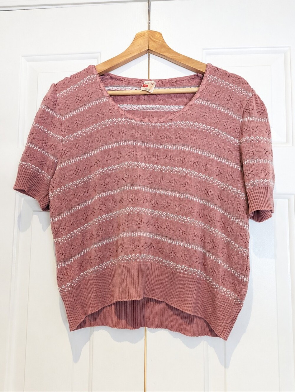 Vintage 70s St Michael Sweater Dusty Rose Pink Knit Top Cottagecore Striped S/M